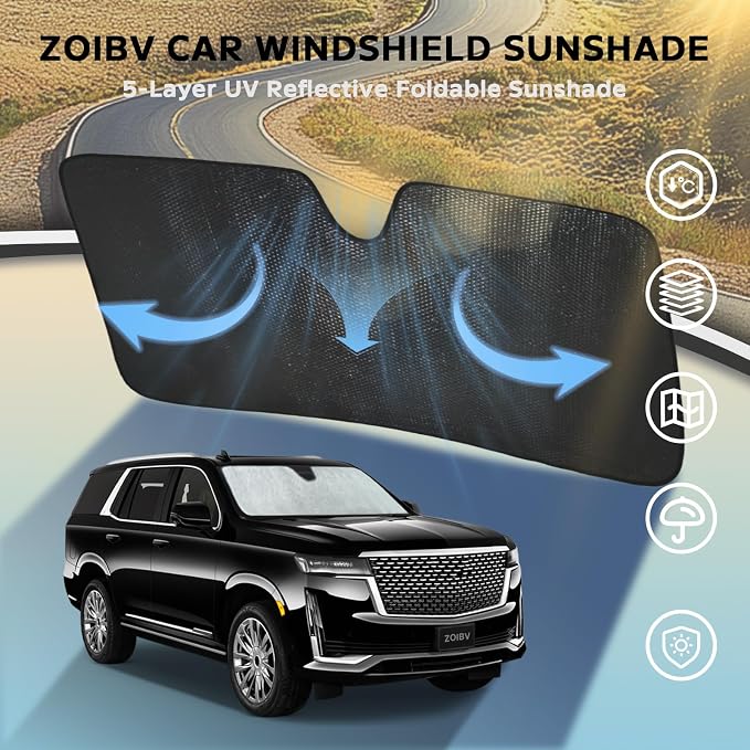 Car Windshield Sun Shade for Cadillac Escalade 2021-2025 2026, 5-Layer Bubble Foldable Thicken Front Window Sunshade Sun Visor Protection Accessories - Blocks Heat & UV Rays Keep Car Cooler
