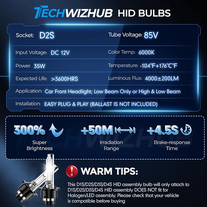 D2S Xenon HID bulb, 6000K 35W Cool White High Low Beam Replacement 85122 66240 66040 66240CBI for D2S HID Bulb, Plug and Play, Pack of 2