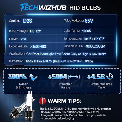 D2S Xenon HID bulb, 6000K 35W Cool White High Low Beam Replacement 85122 66240 66040 66240CBI for D2S HID Bulb, Plug and Play, Pack of 2