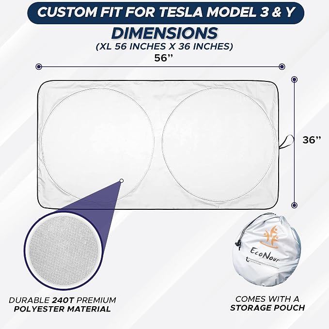EcoNour Windshield Sun Shade Compatible for Tesla Model 3 & Model Y Juniper 2017-2024 2025 2026, Sun Visor for EV Front Window Sunshade, Foldable Heat & UV Protector, Car Accessories