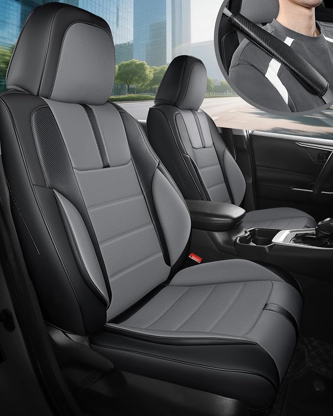 FREESOO Universal Full Seat Covers, Waterproof Faux Leather Automotive Seat Covers with Carbon Fiber Texture Seat Belt Pads, Anti-Slip Airbag Compatible Car Seat Covers for Cars SUVs Trucks