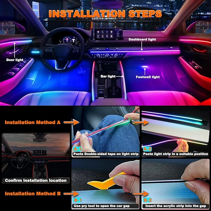Jushope Car LED Strip Lights, Interior Acrylic LED Lights for Car with Dynamic Rainbow Dream Color Chasing, Ambient Lighting Kits Music Sync (8 in 1(6 * 29.5+43.3+14.5 inches))