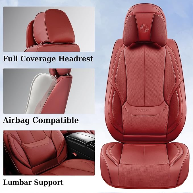 Coverado Universal Seat Covers Full Set, Universal Seat Covers for Cars, Waterproof Nappa Leather Car Seat Covers with Head Pillow, 5 Seats Auto Protectors Fit for Most Sedans SUV Pick-up Truck-Red