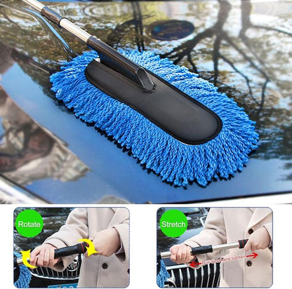 2 PCS Microfiber Car Duster, Scratch Free Auto Exterior Interior Large Dusting Cleaning Brush, Multipurpose Vehicle Dust Cleaner with Extendable Handle, Car Accessories (Blue)