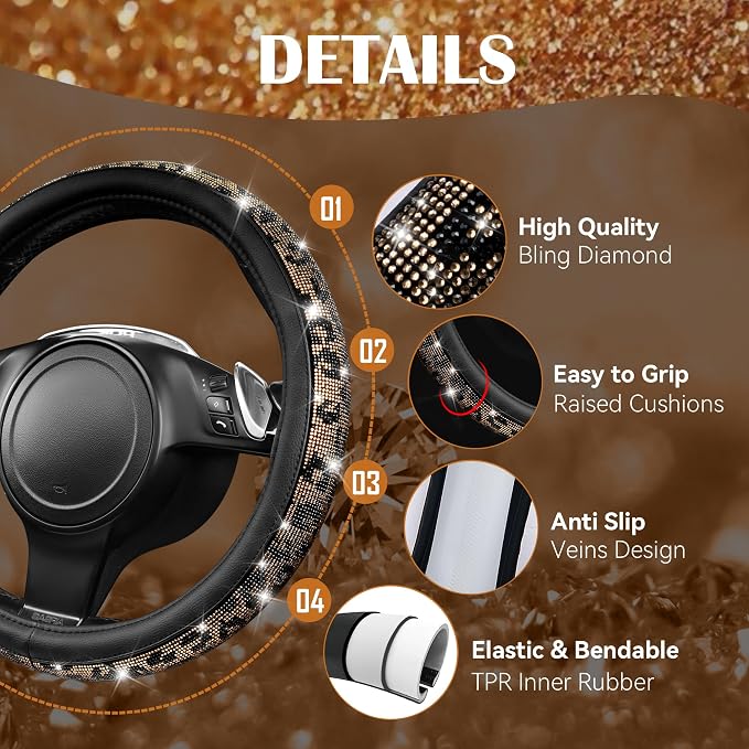 CAR PASS Bling Diamond Steering Wheel Cover Leopard Pattern, Sparkly Crystal Glitter Rhinestones Black Leather Wheel Protect for Women Girl Fit Suvs,Vans,Sedans,Cars,Trucks, 14" 1/2-15" Gold Leopard