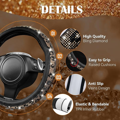 CAR PASS Bling Diamond Steering Wheel Cover Leopard Pattern, Sparkly Crystal Glitter Rhinestones Black Leather Wheel Protect for Women Girl Fit Suvs,Vans,Sedans,Cars,Trucks, 14" 1/2-15" Gold Leopard