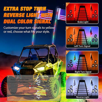 Nilight 2PCS 4FT RGB LED Whip Light and 6 PCS Rock Lights Combo Remote App Control w/DIY Chasing Patterns Stop Turn Reverse Modes Safety Antenna Whips for ATV UTV Polaris RZR Can-am Dune Buggy Jeep
