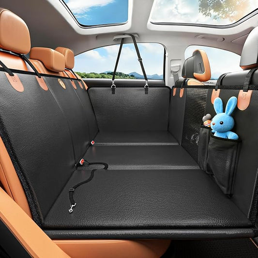 MYJAQI Back Seat Extender for Dogs, PU Leather Dog Car Seat Cover for Back Seat with Hard Bottom, 100% Waterproof, Scratch Proof and Anti Slip Dog Hammock for Car, Holds 400lbs