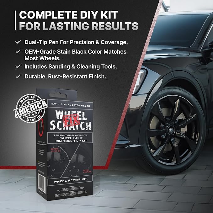 Wheel Scratch Fix® Matte Black Touch Up Paint for Cars - DIY Alloy Wheel Repair Kit, Curb Rash Remover with Fast-Drying Pen - Long-Lasting OEM Finish Car Rim Paint for Scuffs and Chips at Home (Satin/Matte Black)