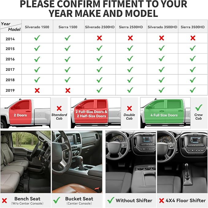 YITAMOTOR Floor Mats Compatible with 2014-2018 Chevy Silverado/GMC Sierra 1500 Crew Cab, 2015-2019 Silverado/Sierra 2500 HD/3500 HD Crew Cab, All-Weather 1st & 2nd Row, Black