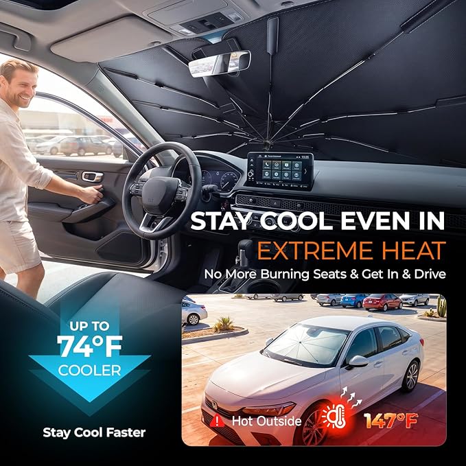 [2026 Upgraded] DooGooCoo Windshield Sun Shade Umbrella for Toyota Camry 2018-2025 2026 [100% Sunlight Blocked, Cooling Ice Crystal] Sunshade for Car Windshield for Camry Sun Shade, Custom Fit Camry
