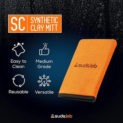 Suds Lab SC Synthetic Clay Mitt for Car Detailing – Reusable Clay Bar Mitt to Remove Paint Overspray, Water Spots, Tree Sap & Rail Dust from Paint, Glass & Plastic