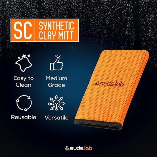 Suds Lab SC Synthetic Clay Mitt for Car Detailing – Reusable Clay Bar Mitt to Remove Paint Overspray, Water Spots, Tree Sap & Rail Dust from Paint, Glass & Plastic
