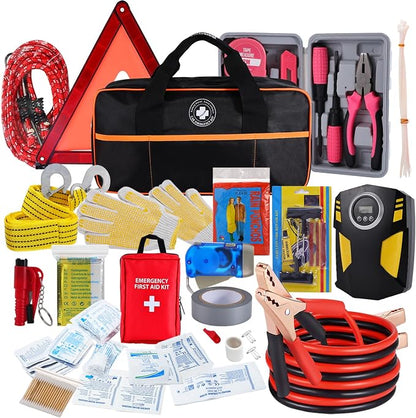 All-in-One Car Emergency Kit with Digital Tire Inflator, Jumper Cable, Tow Strap, Reflective Triangle, First Aid Kit, Hand Crank Flashlight, and Repair Tools for Roadside Safety (Black)
