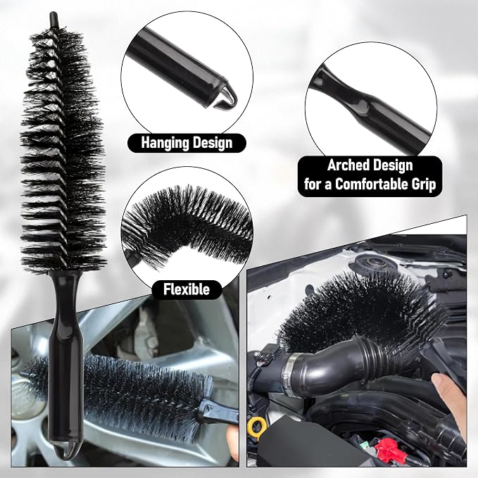 Car Wheel Cleaning Brush - 8PCS Car Wheel Tire Rim Cleaner Pro Wash Kit with Soft-bristled Detailing Crevice Brushes Stone Scraper Carry Bag, Auto Vehicle Cleaning Washing Tools Supplies