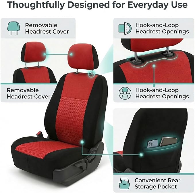 FH Group Universal Car Seat Covers Front Set for SUV Truck Sedan Vans | 3D Textured Breathable Fabric Seat Cover Set Protector with Airbag Compatible Interior Upgrade - Red
