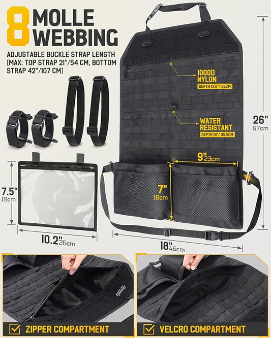 WYNEX Tactical Car Seat Back Organizer Set, Vehicle Accessories Molle Panel wtih Detachable 4 Molle Pouches - First Aid EDC Admin Storage Bag for Road Trips, Fits Most Cars, SUVs, Pickups, Trucks