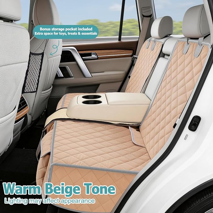 Bark Lover Dog Car Seat Cover for Back Seat,Armrest Compatible, Waterproof Backseat Protector, Nonslip Rear Seat Cover for Dogs & Kids, Universal Size Fits Cars Trucks SUVs (Beige)