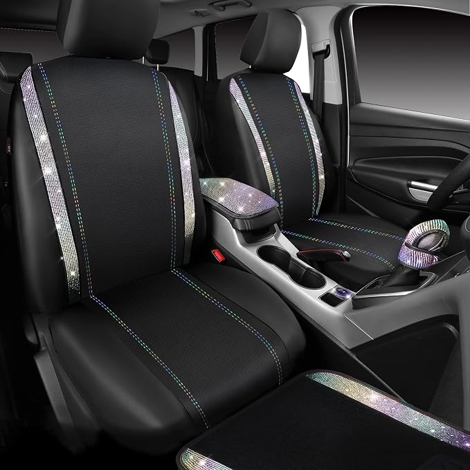 CAR PASS 23 PCS Bling Diamond Car Accessories Set for Women, Leather Car Seat Covers Full Set Sparkly Rhinestone15'' Steering Wheel Covers Shining Diamond Floor Mats Car Interior Sets, Multicolor