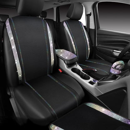 CAR PASS 23 PCS Bling Diamond Car Accessories Set for Women, Leather Car Seat Covers Full Set Sparkly Rhinestone15'' Steering Wheel Covers Shining Diamond Floor Mats Car Interior Sets, Multicolor