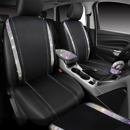 CAR PASS 23 PCS Bling Diamond Car Accessories Set for Women, Leather Car Seat Covers Full Set Sparkly Rhinestone15'' Steering Wheel Covers Shining Diamond Floor Mats Car Interior Sets, Multicolor
