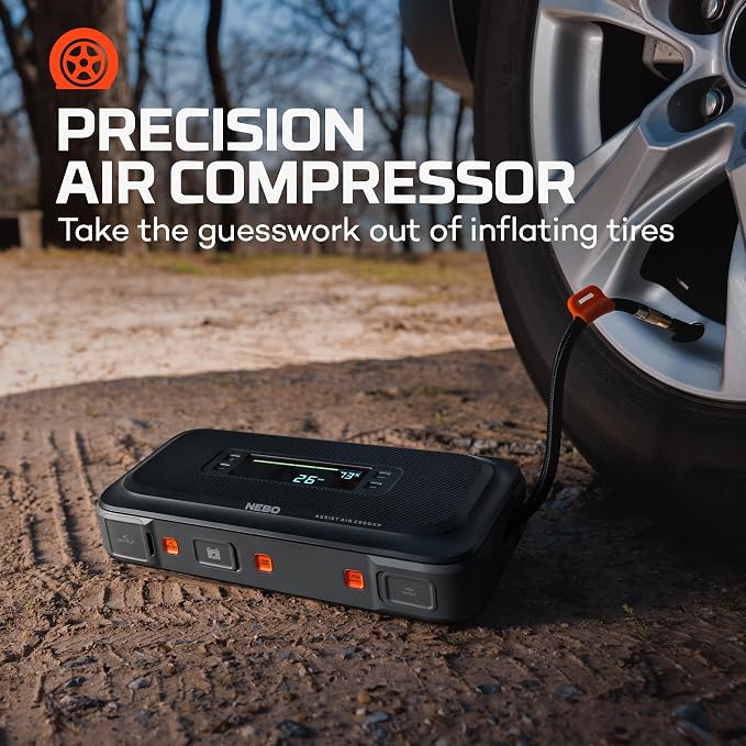 NEBO Assist 2500A Jump Starter & Air Compressor | 2500 Peak Amps, 74Wh Portable Car Jump Box for 12V Vehicles & Tire Inflator with Auto Shut-Off, Spark-Proof, USB-C Power Bank, Emergency LED Light