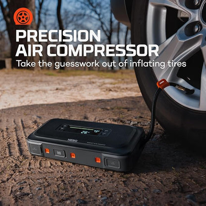 NEBO Assist 2500A Jump Starter & Air Compressor | 2500 Peak Amps, 74Wh Portable Car Jump Box for 12V Vehicles & Tire Inflator with Auto Shut-Off, Spark-Proof, USB-C Power Bank, Emergency LED Light