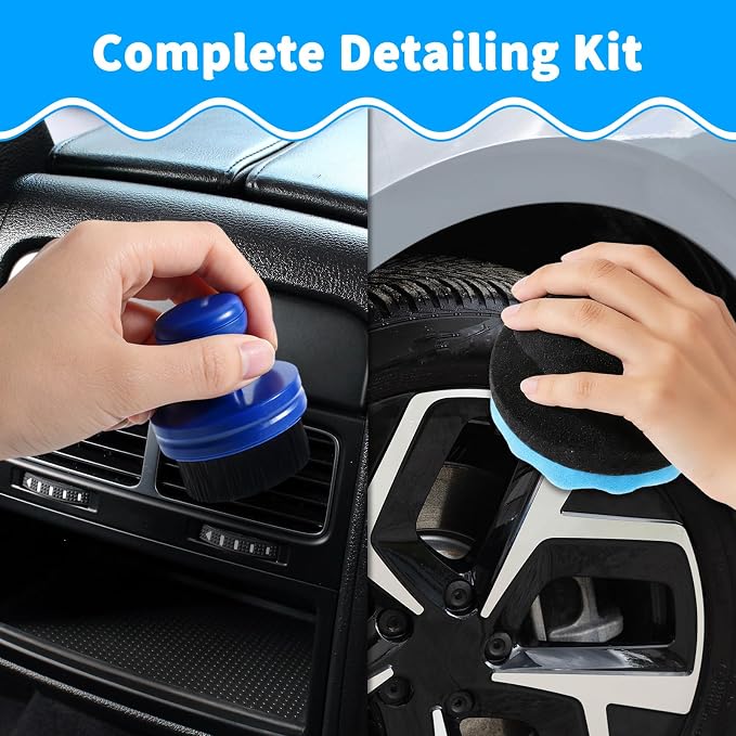 SIMPOR Tire Shine Applicator Brush and Hex Grip Sponge Pad Kit, Soft Bristle Tire Dressing Applicator with Storage Stand, No Mess Car Detailing Wave Foam Sponge Tool for Cleaning Waxing (2 Pack)