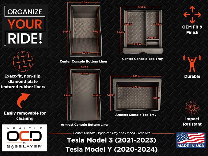 Vehicle OCD – Center Console Organizer Tray and Liner Set for Tesla Model 3 (2021-2023) / Tesla Model Y (2020-2024) – Made in USA - SLX519
