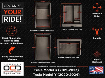 Vehicle OCD – Center Console Organizer Tray and Liner Set for Tesla Model 3 (2021-2023) / Tesla Model Y (2020-2024) – Made in USA - SLX519