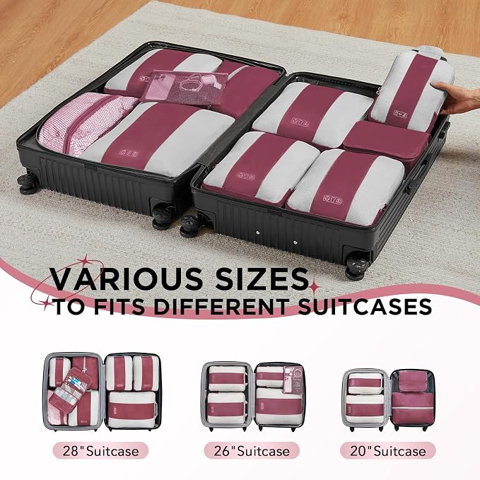 OlarHike 10-Pack Compression Packing Cubes for Travel Essentials,Compressible Expandable Packing Cubes for Suitcase,Luggage Garment Bags for Travel,Handy Helper for Organizing Clothes(Wine Red)