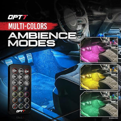 OPT7 Aura Interior Car Lights with Remote Control, 12V Music Sync Inside Ambient Lighting Kit, RGB Multicolor Under Dash Accessories, Neon Decoration Gifts, 4pc Single LED Strip
