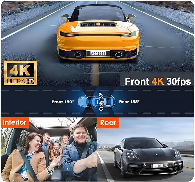 3 Channel 4K WiFi Dash Cam, 4K+1080P+1080P Front Inside and Rear, Triple Dash Camera with 32GB Card, APP Control, G-Sensor, 24 Hours Parking Mode, Loop Recording, Night Vision