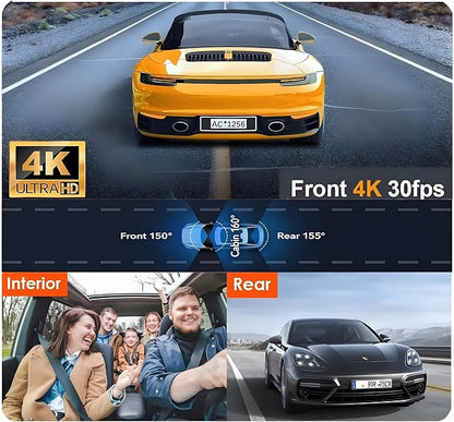 3 Channel 4K WiFi Dash Cam, 4K+1080P+1080P Front Inside and Rear, Triple Dash Camera with 32GB Card, APP Control, G-Sensor, 24 Hours Parking Mode, Loop Recording, Night Vision