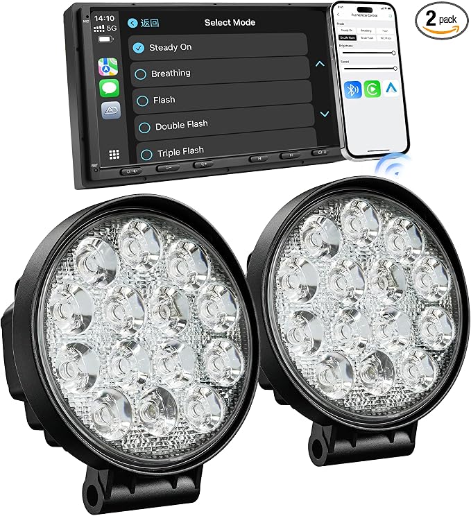 LED Pod Lights 42W Flood Beam, Smart App Controlled Off Road Driving Lights Supports CarPlay/Android Auto, IP67 Waterproof 6000K White Lamps for Trucks, ATV, UTV, SUV, Boat (2 Pack)