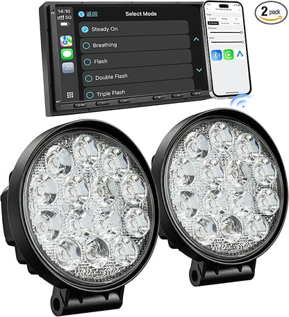 LED Pod Lights 42W Flood Beam, Smart App Controlled Off Road Driving Lights Supports CarPlay/Android Auto, IP67 Waterproof 6000K White Lamps for Trucks, ATV, UTV, SUV, Boat (2 Pack)
