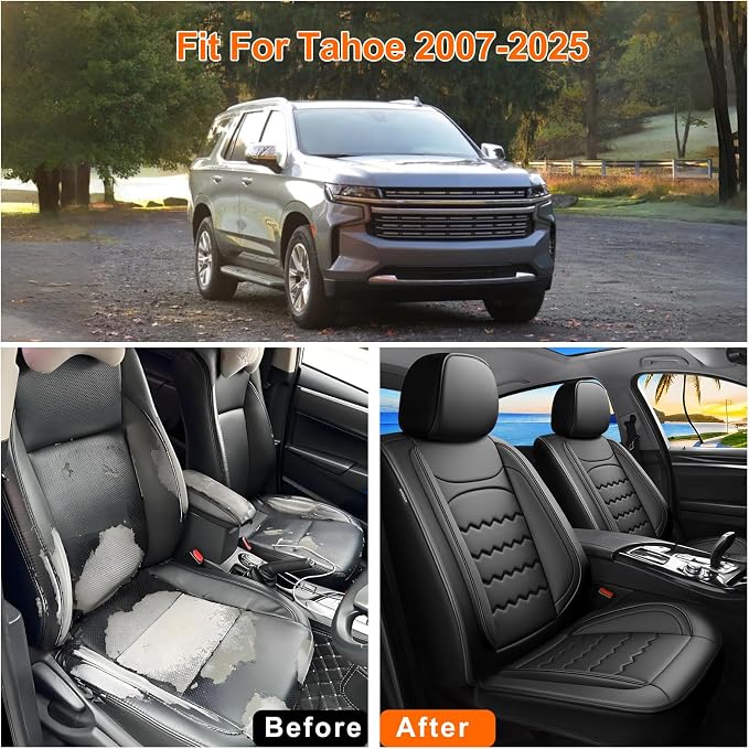 Tahoe Car Seat Covers Fit for Chevrolet/Chevy Tahoe 2011-2025 2026, Full Coverage Leather Waterproof Breathable Seat Covers, Automotive Seat Protectors, Airbag Compatible, (Full Set, Black