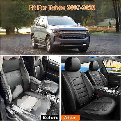 Tahoe Car Seat Covers Fit for Chevrolet/Chevy Tahoe 2011-2025 2026, Full Coverage Leather Waterproof Breathable Seat Covers, Automotive Seat Protectors, Airbag Compatible, (Full Set, Black
