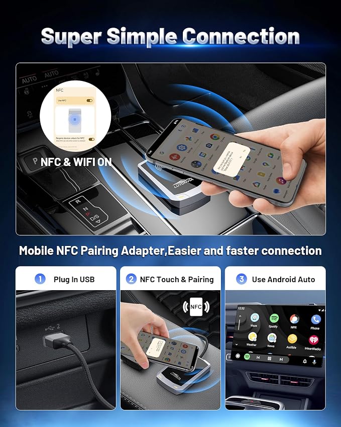 Android Auto Wireless Adapter - Tap & Go NFC Magic! Auto-Connect in 3 Secs, Zero Lag, Works in Any Car 2017+ (Type-C Adapter Party Included!)