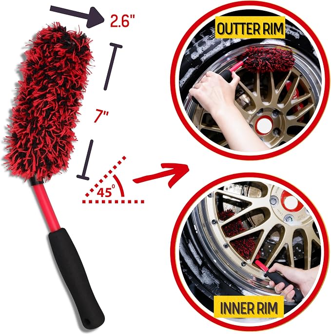 oesee Angled Wheel Brush Kit 3 Pack- Angled Microfiber Wheel Brush, Wheel Barrel Brush, Detailing Brush Scratch Free Calipers Wool Spoke Brush Cleans Brake Dust from Barrels& Hard to Reach Areas