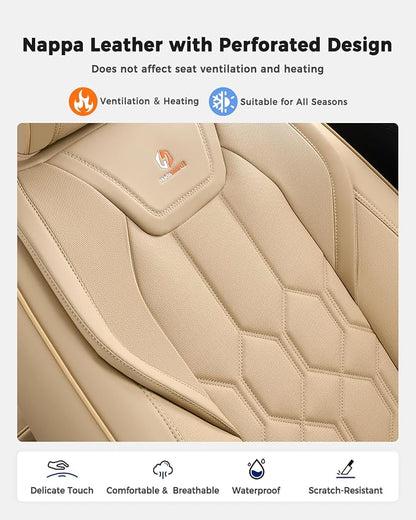 Huidasource Seat Covers Full Set, Universal Fit for Most Cars SUVs Trucks, Full Coverage Leather Automotive Seat Cover, Airbag, Cupholder Compatible, Seat Function Retain, Velcro Adjustable, Beige