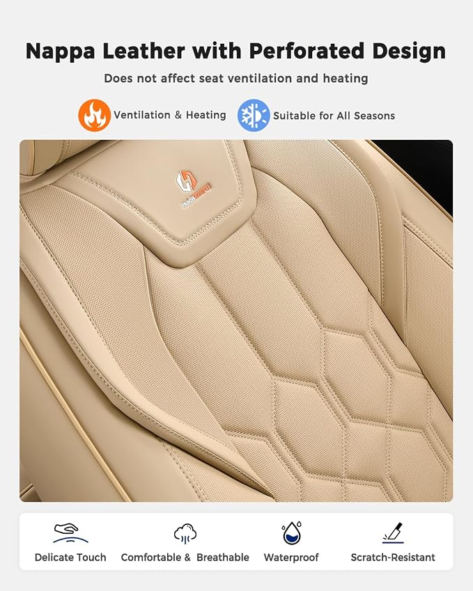 Huidasource Front Seat Covers, Universal Fit for Most Cars SUV Trucks, Full Coverage Leather Seat Cover, Airbag Compatble, Seat Function Retain, Storage Pocket Design, Easy to Install, Beige