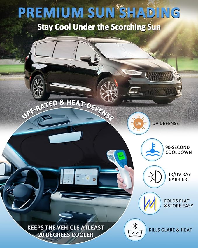 Sunshade for Pacifica Windshield Sun Shade for 2017-2024 2025 2026 Chrysler Pacifica Minivan Accessories Front Window Shield Cover Sun Visor Blocker Suncreen Protector Keep Car Cooler