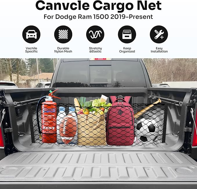 Canvcle Truck Bed Cargo Net for 2019-2025 2026 Dodge Ram 1500 Accessories Envelope Style Mesh Trunk Net Organizer and Storage Stretchable Adjustable Elastic Nylon Rear Cargo Netting with Hooks