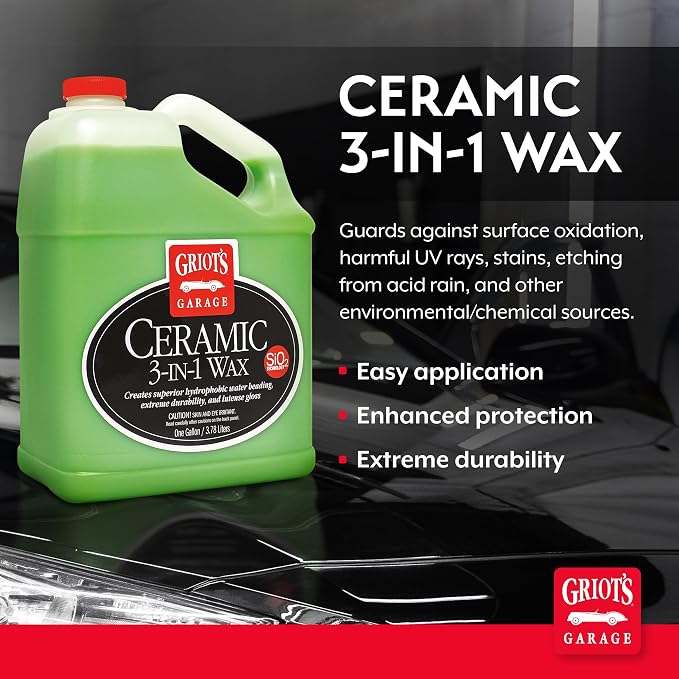 Griot’s Garage Ceramic 3-in-1 Wax, SiO2 Spray for Cars, Trucks, RV’s, Provides Protection and Water Beading on Paint, Wheels, Plastic, Rubber Trim, Chrome, and More, 10983, 1 Gallon