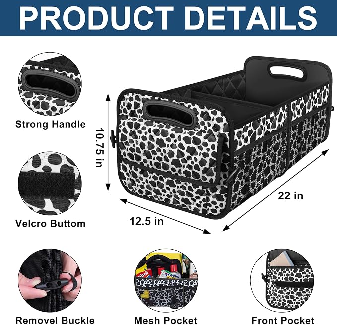 Deosk Trunk Organziers and Storage with Reinforced Handles,Car Accessories for Women/Men 50L Waterproof Polyester Trunk Organzier for Car/SUV/Minivan/Truck(Medium, Cow print)