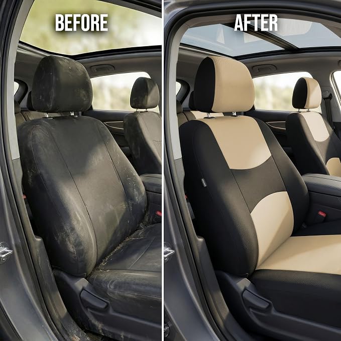 FH Group Automotive Seat Covers Flat Cloth Full Set Beige Combo Small Car Seat Cover Design, Rear Solid Bench Universal Fit and Car Seat Protector for Vans Cars Trucks and SUV Interior Accessories