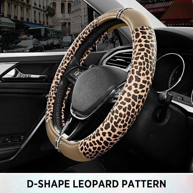 Road Comforts Leopard Steering Wheel Cover for Women, Cute Anti-Slip Microfiber Leather, Fits D Shape Flat Bottom Steering Wheel 14.5-15 Inch - Beige