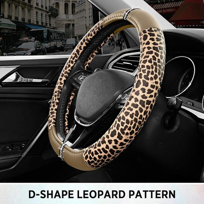 Road Comforts Leopard Steering Wheel Cover for Women, Cute Anti-Slip Microfiber Leather, Fits D Shape Flat Bottom Steering Wheel 14.5-15 Inch - Beige