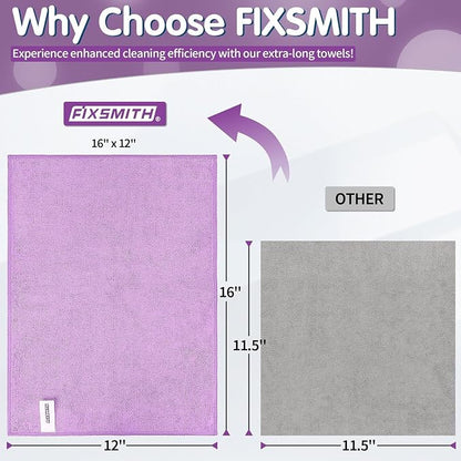 FIXSMITH Purple Microfiber Cleaning Cloth -Pack of 12, Highly Absorbent Cleaning Rags, 16"X12" All Purpose Cleaning Towels for Housekeeping, Kitchen, Car, Lint Free and Reusable Microfiber Towels
